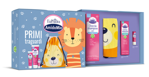 Amidomio Cofanetto Bambini Primi Traguardi Euphidra Doccia Shampoo 250ml + Crema Idratante 50ml + Stick Labbra 4,5g - Set Cura Quotidiana per Bambini